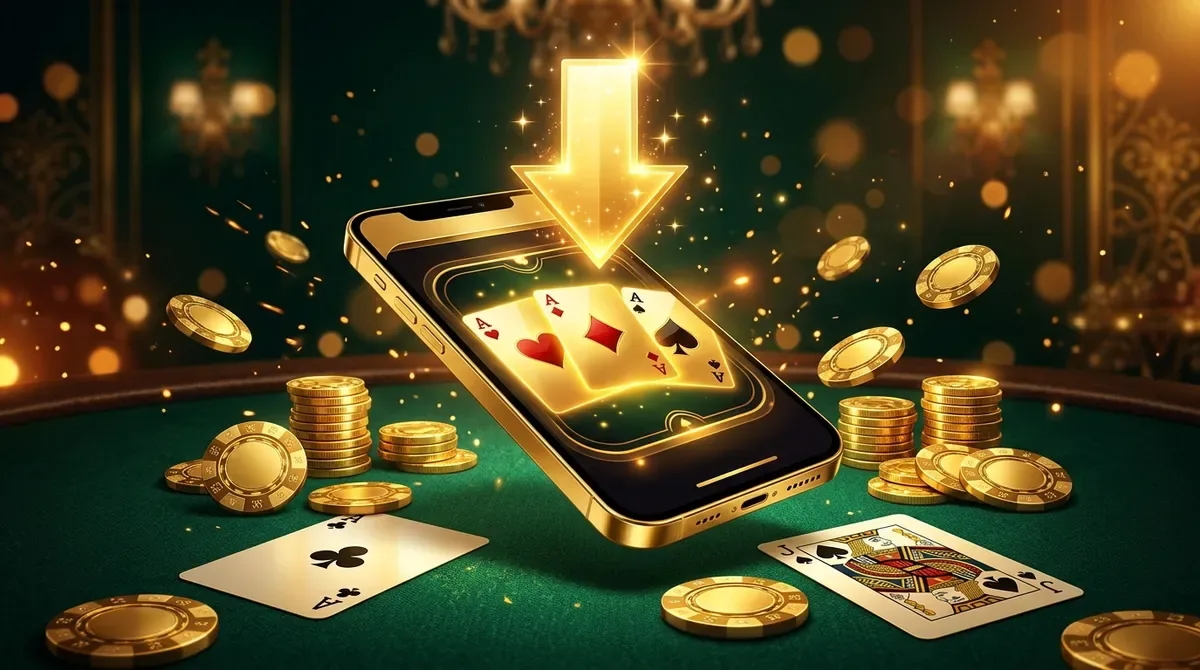 Teen Patti Master APK download: a gold phone showing three aces on a green card table with chips