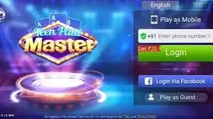 Teen Patti Master login screen with phone number, Facebook and guest login options